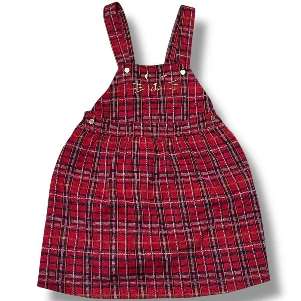 NWT Petit Bateau RedโCheckered Dungarees Dress Gold Embroidered Cat Bunny 3Y